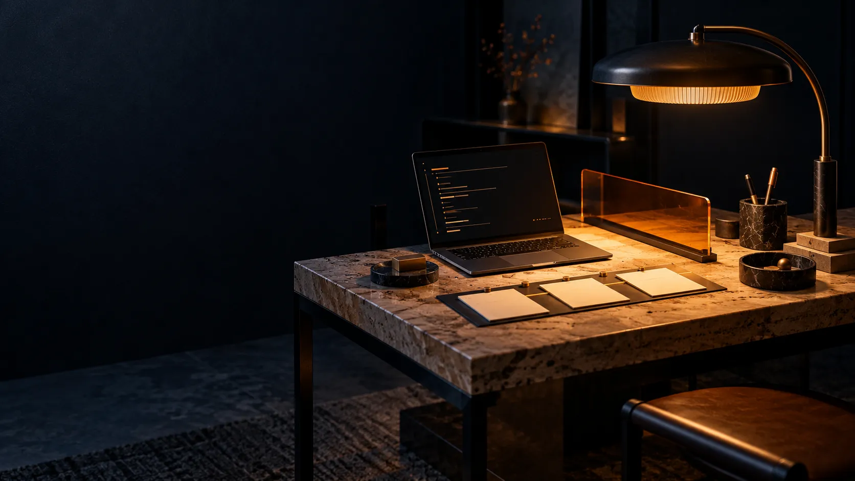 Concept art of a quiet workspace with a warm lamp and a laptop.